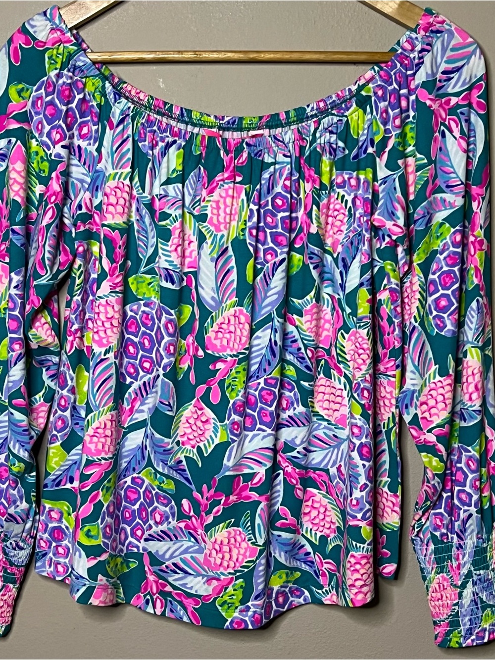 Lilly Pulitzer Turtle Wave Lana Top Women Medium Green Pink Off Shoulder New